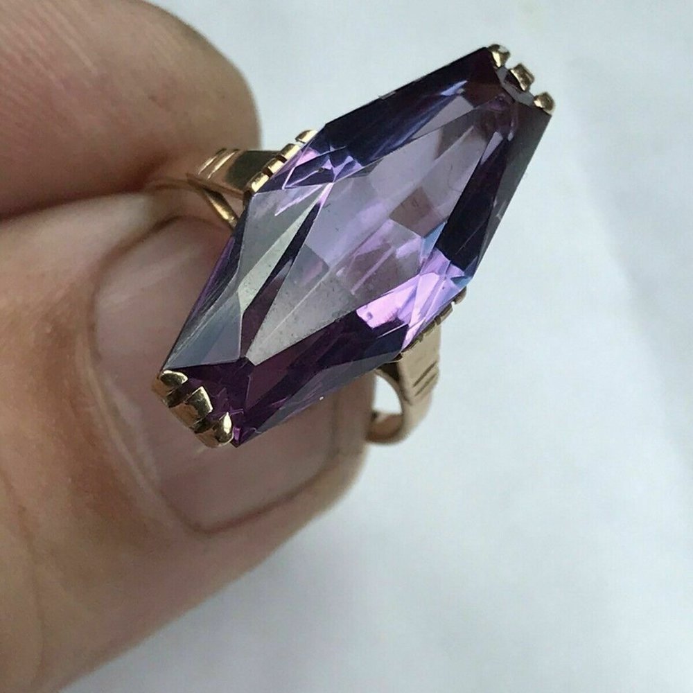 Vintage Russian Russia USSR 14K 583 Rose Pink Gold Alexandrite Marquis Ring 7.5
